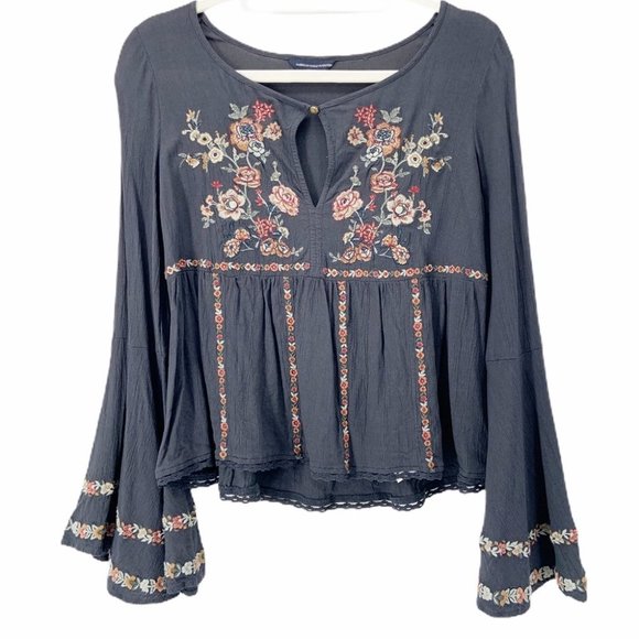 American Eagle Floral Embroidered Bell Sleeve Boho - Picture 1 of 13